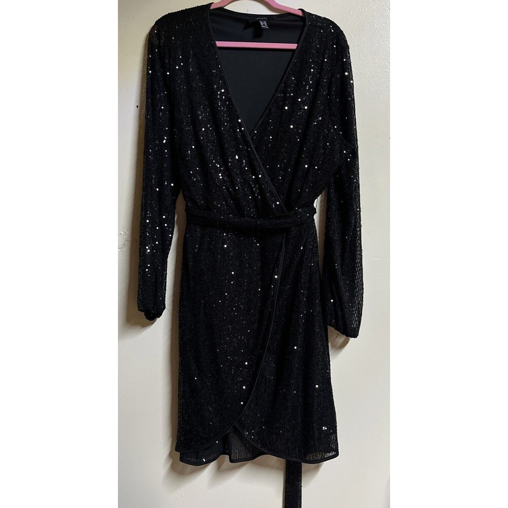 NWT Forever 21 + Wrap Dress Size 2X Black Sequin Long Sleeve Side Tie